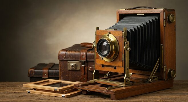 Vintage wooden folding camera from early 1900s. Antique professional photography equipment with leather bellows and brass lens on wooden table. Nostalgic still life with warm lighting