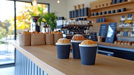 Pastries and coffee cups on a cafe counter.  A bright and inviting space.