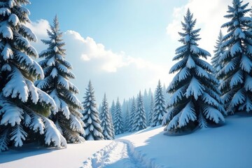 Fototapeta premium Snow-covered evergreen trees and pine branches stretching towards the sky, snowcovered, forest