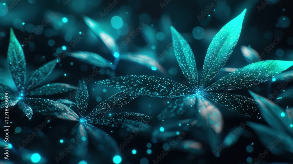 Poster a mesmerizing composition of glowing leaves surrounded by sparkling particles in a dark background, 