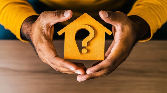 Hands Holding Yellow House Model with Question Mark Symbolizing Home