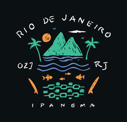 Art in a stripped-down style of composition with silhouettes alluding to the city of Rio de Janeiro, Brazil. Stylized design for prints on t-shirts, posters, etc.