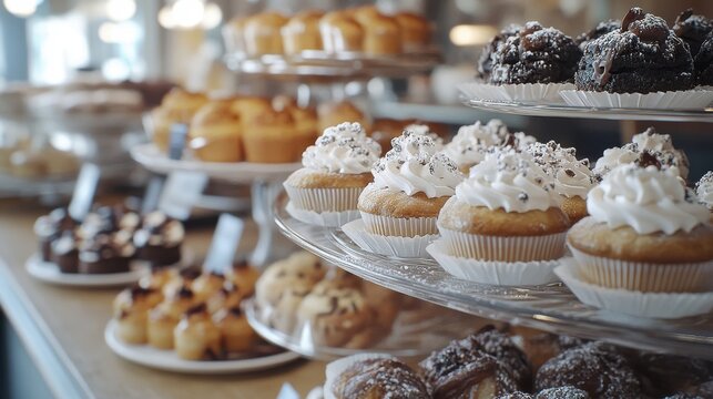 Assorted pastries and cupcakes displayed on tiered stands in a bakery.