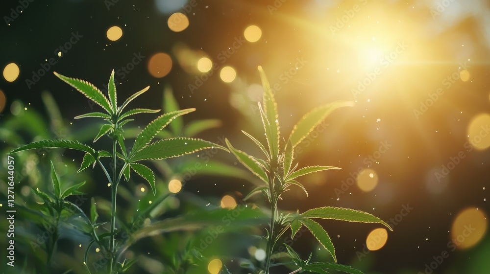Poster radiant leaves bask in sunlight, creating a serene atmosphere with a beautiful bokeh background. per