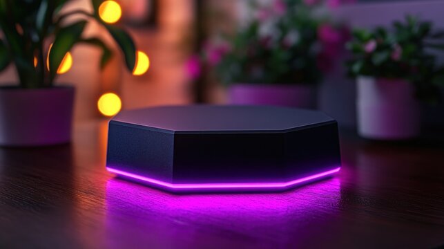 Purple-lit octagon display, home setting, bokeh