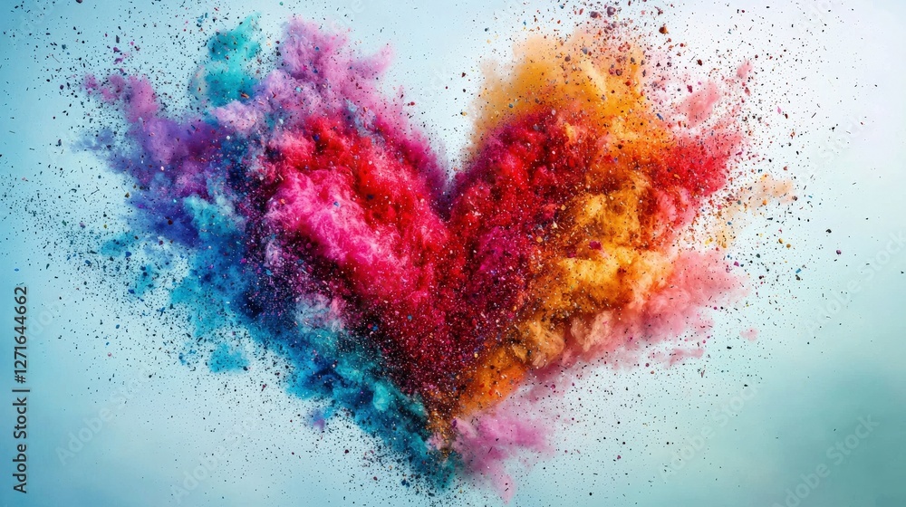 Poster this vibrant artwork features an abstract heart shape formed by colorful powder explosions, symboliz