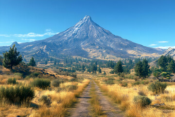 Fototapeta premium Scenic Mountain Path Through Golden Meadow