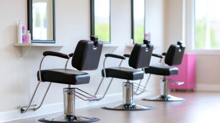 Modern Hair Salon Interior with Black and Chrome Styling Chairs