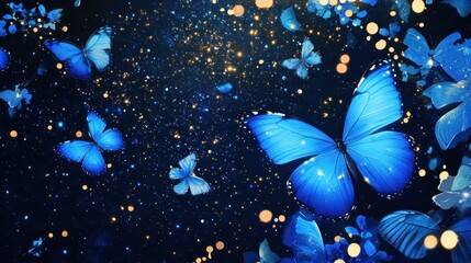 Blue morpho butterflies flutter amidst sparkling golden dust on a dark background.