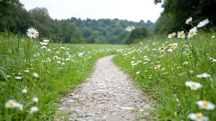 Obraz premium Gravel path through daisy field, forest backdrop; nature scene