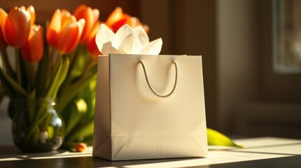 Gifts and blooms. A white bag sits alongside a vase bursting with vibrant orange and red flowers.