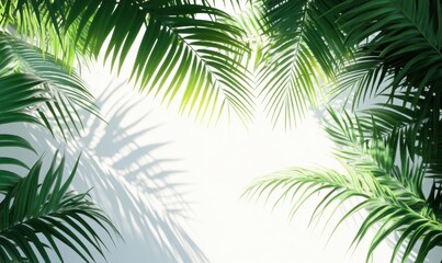 Lush green palm leaves framing a bright, serene background ideal for relaxation and wellness themes