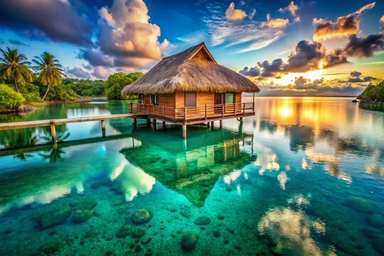 Bungalow de paja sobre laguna turquesa: Fotograf&iacute;a surrealista de ensue&ntilde;o