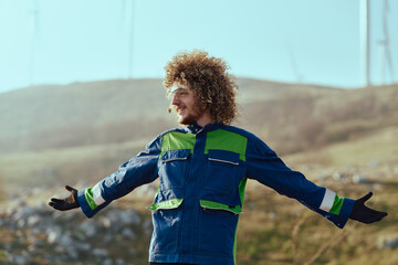 Fototapeta premium An African American Engineer Celebrates the Successful Completion of a Wind Turbine Project.