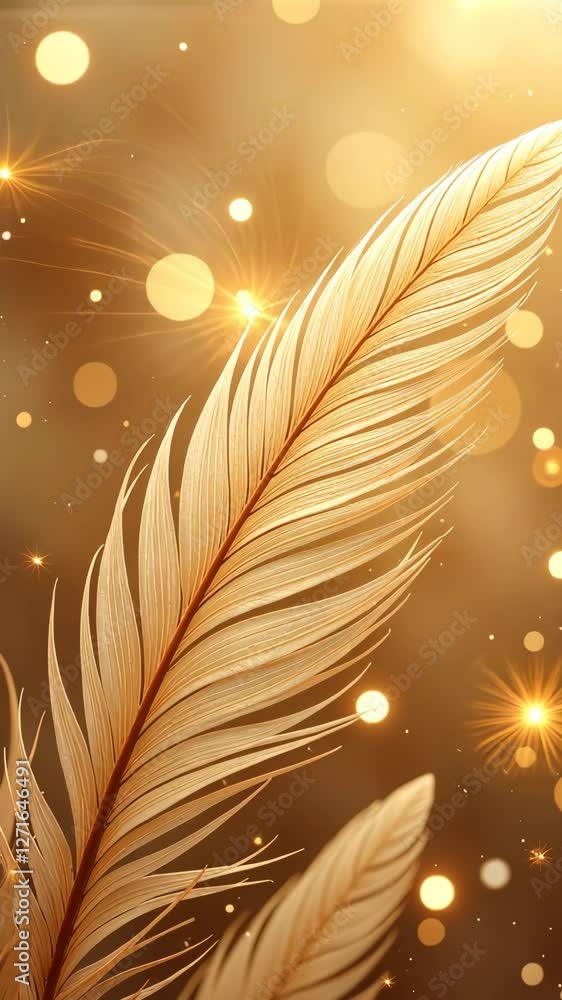 Poster a feather with a yellow background and a lot of sparkles. the feather is the main focus of the image