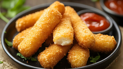 Air-fried mozzarella sticks with a golden, crispy outer layer and creamy cheese filling, offering a healthier option for traditional fried cheese sticks.Air-fried mozzarella sticks with a golden, cris