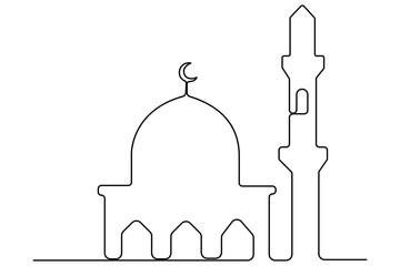 Continuous one line drawing of mosque, ramadan islamic vector illustration
