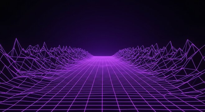 Retro synthwave purple grid landscape with neon wireframe mountains. Digital 80s style virtual horizon on dark background. Futuristic perspective design for music or gaming