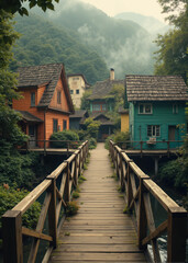 Fototapeta premium Idyllic Village with Colorful Wooden Houses and Lush Greenery Along a Serene Waterway