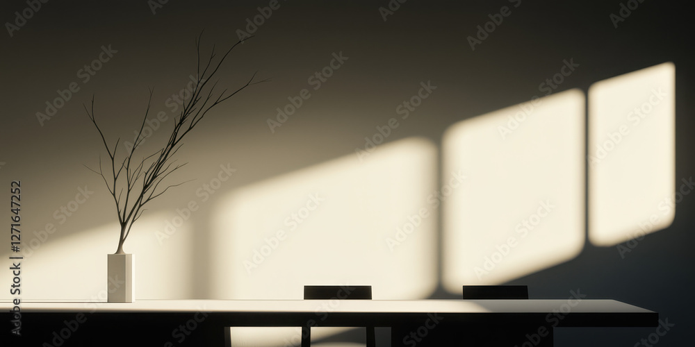 Poster an elegant minimalist interior featuring simple lines and soft shadows: a stylish vase with a branch