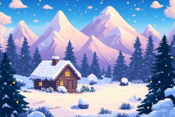 Pixel Art Cozy Wooden Cabin Surrounded by Snowy Mountains and Pine Forest at Twilight