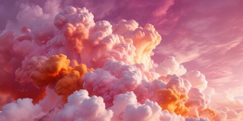Swirling cloud masses in shades of pink and orange merging into a vibrant hue, warm hues, textured clouds