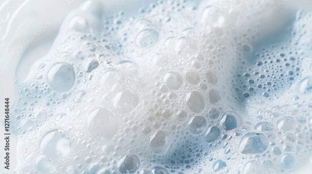 Poster Delicate bubbles form a captivating pattern in a light blue mix of soap foam, creating an artistic and tranquil atmosphere. The gentle light highlights the airy texture of the foam