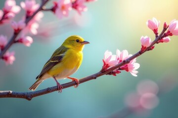 Fototapeta premium A vibrant yellow songbird delicately perched on a blossoming branch, surrounded by a soft, pastel floral halo