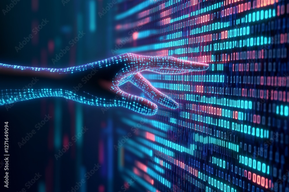 Poster digital hand touching data stream in futuristic technology scene