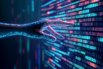 Digital Hand Touching Data Stream in Futuristic Technology Scene