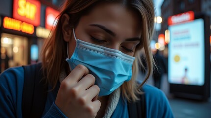 A young woman, wearing a face mask, walks alone at night.  The city lights blur behind her, creating a melancholic atmosphere.