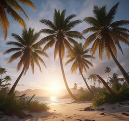 Tall palm trees bending and twisting in a powerful gust, natural world turmoil, environmental changes