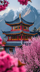 Serene Temple Amidst Blossoming Cherry Trees and Majestic Mountains