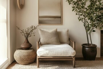 Luxurious Scandinavian Living Room Interior with Designer Lounge Chair, Natural Elements and Artistic Wall Decor for Modern Home Styling