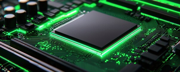 Fototapeta premium Close-up View of Electronic Circuit Board with Green LED Lighting and Microchip for Technology and Innovation Concepts