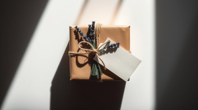 A brown paper package tied with string and lavender on a bright white surface in sunlight and shadow.