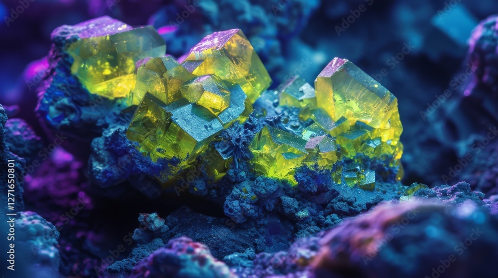 Aufkleber Fluorescent yellow crystals are vividly illuminated against a shadowy background, showcasing intricate formations and textures in a mesmerizing close up.