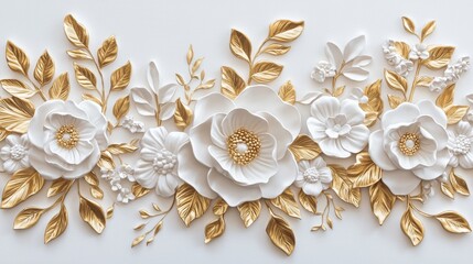 A luminous white canvas adorned with golden leaves and sculpted stucco peonies lavish artistic composition ultra-realistic