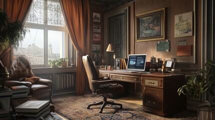 A Luxurious and Cozy Vintage Office Interior Design with a City View