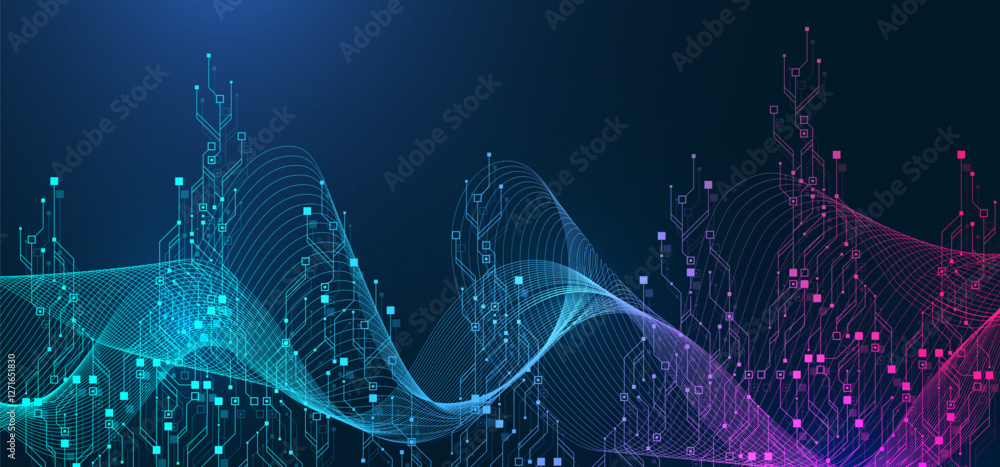 Fototapete Artificial Intelligence or machine learning vector design. Quantum computer technology concept with circuit board and motherboard texture background design. Waves flow quantum explosion