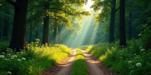 Fototapeta premium Sunlit Path Through a Verdant Forest, a Serene and Peaceful Nature Scene with Lush Greenery and Sunlight Rays Illuminating the Way