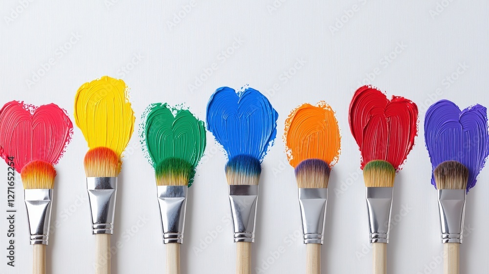 Poster delightful image of paintbrushes with colorful heart-shaped strokes, perfect for illustrating themes