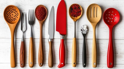 Red kitchenware, spices, wood, flatlay, food blog