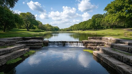 Serene River Landscape with Stone Steps and Waterfall