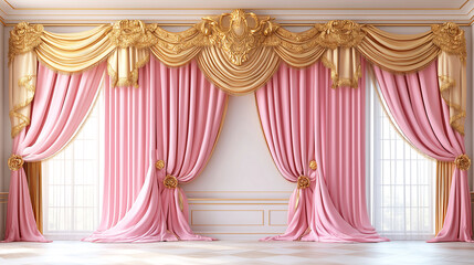 Elegant Luxury Stage with Gold and Pink Drapes – Perfect for Theater, Events, and Royal Interiors, event decoration, luxury interior designs, royal aesthetics, weddings, and classical performance set