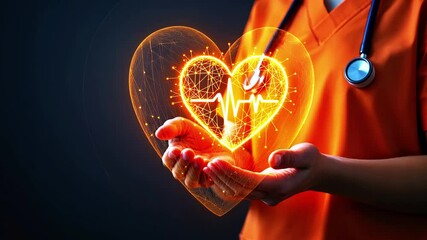 Healthcare professional in orange scrubs holding a glowing heart symbol with a heartbeat line