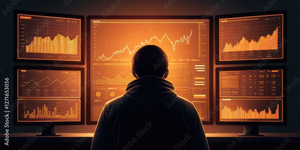 Poster a person observes multiple screens displaying financial charts and data in a dimly lit environment, 