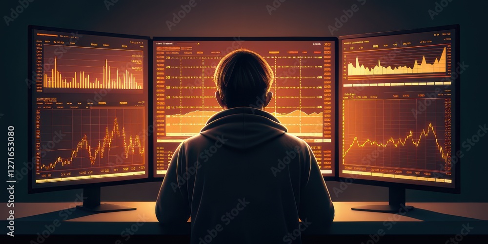 Poster a person analyzes data on multiple monitors displaying vibrant graphs and charts in a dimly lit envi