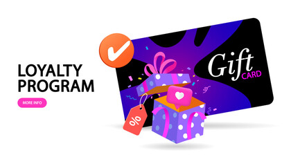 A gift box and a gift card burst with confetti, illustrating a customer loyalty program. This vibrant banner represents the rewards, benefits, discounts for members. Ideal for marketing and promotion.