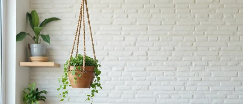 Hanging Plant in Terracotta Pot Against White Brick Wall. 4K Video Background for Home Decor, Interior Design, and Lifestyle Projects. Urban Jungle, Biophilic Design Concept.